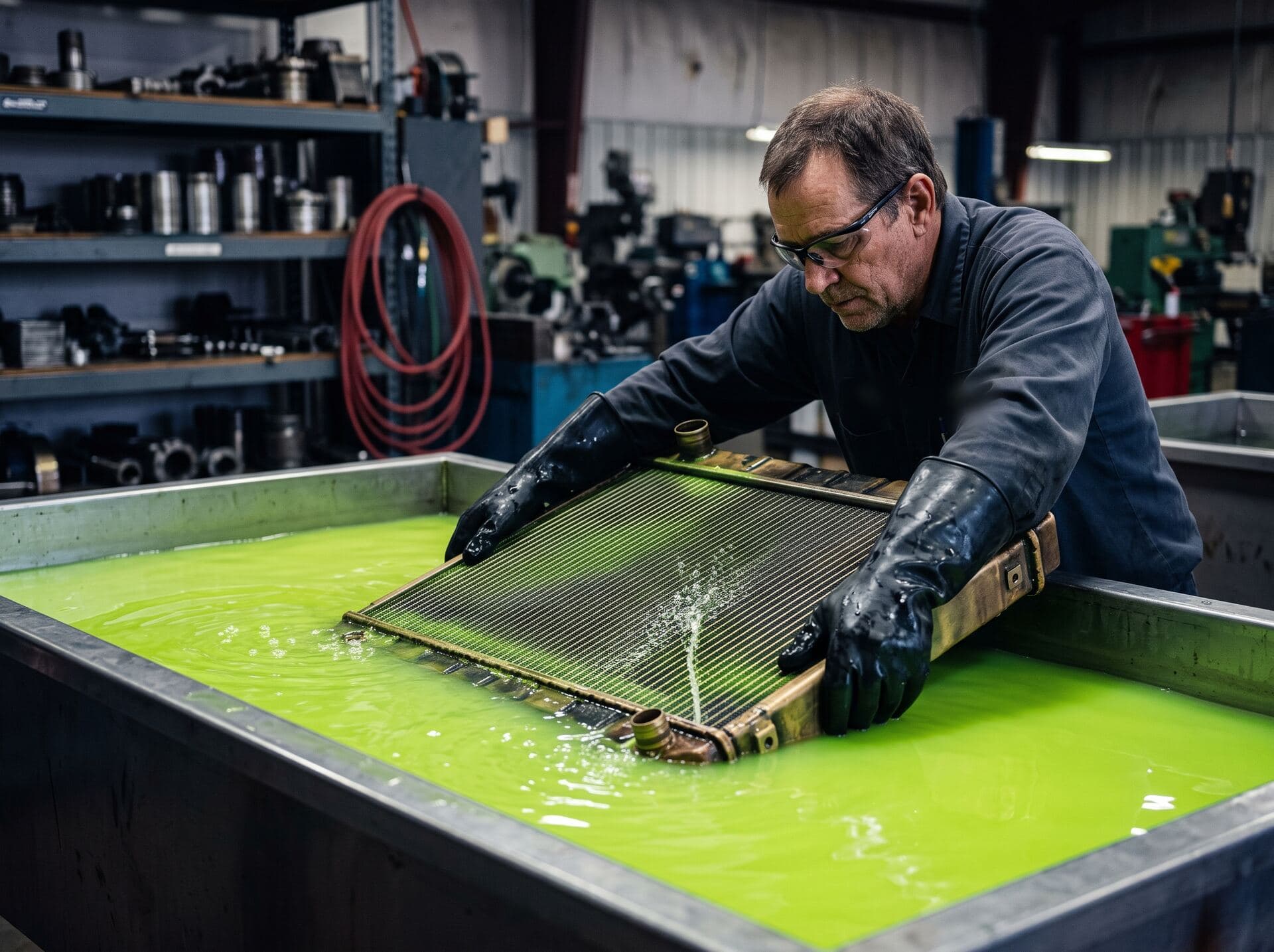 Technician leak-testing a radiator core in the J-Mac dip tank