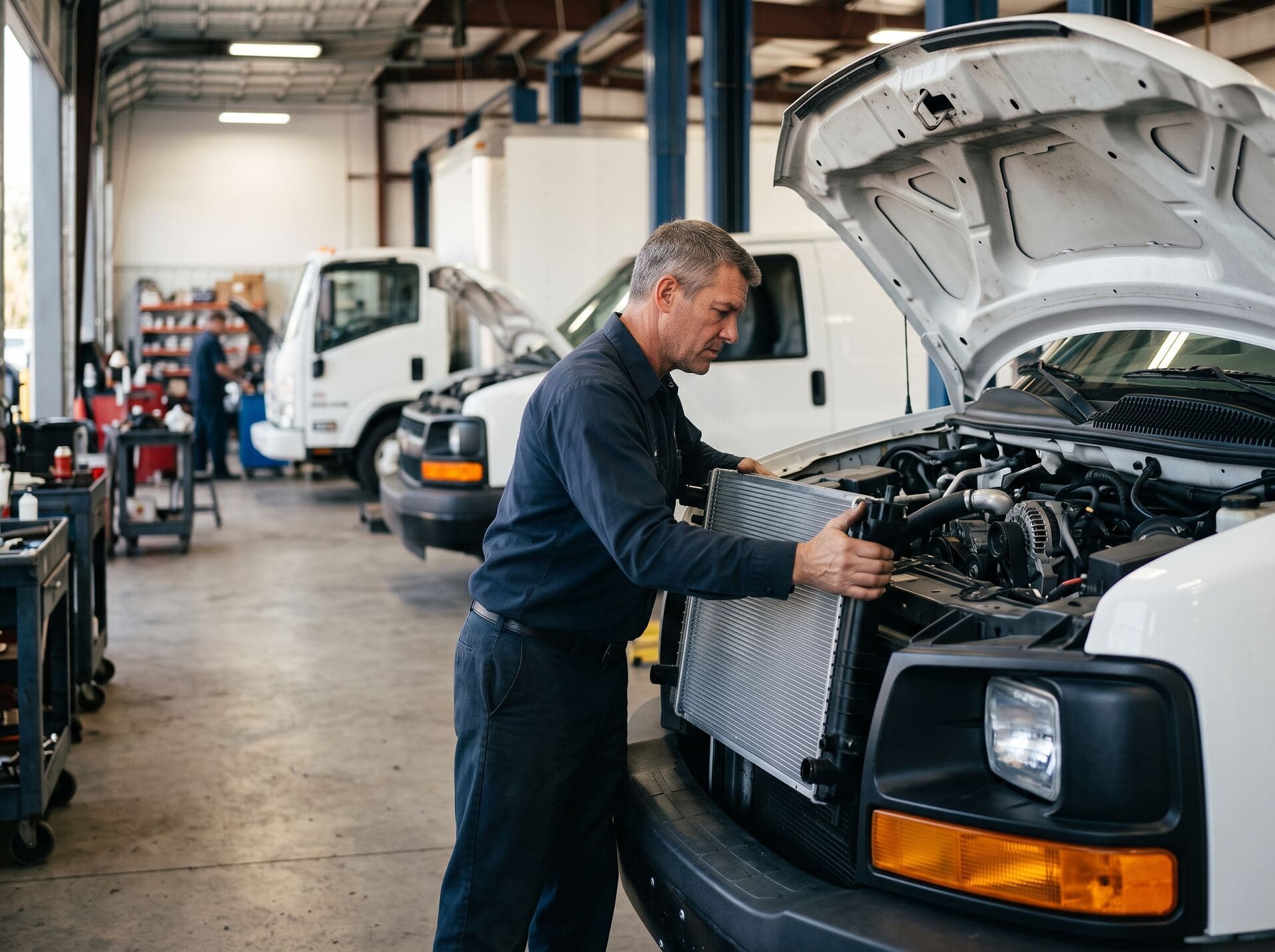 Technician installing a new radiator in a fleet van at J-Mac Radiator
